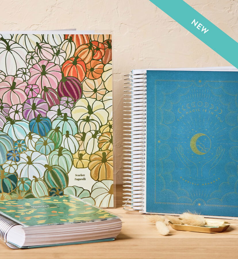 A photo of a group of planners with new fall cover designs. Click to shop now.